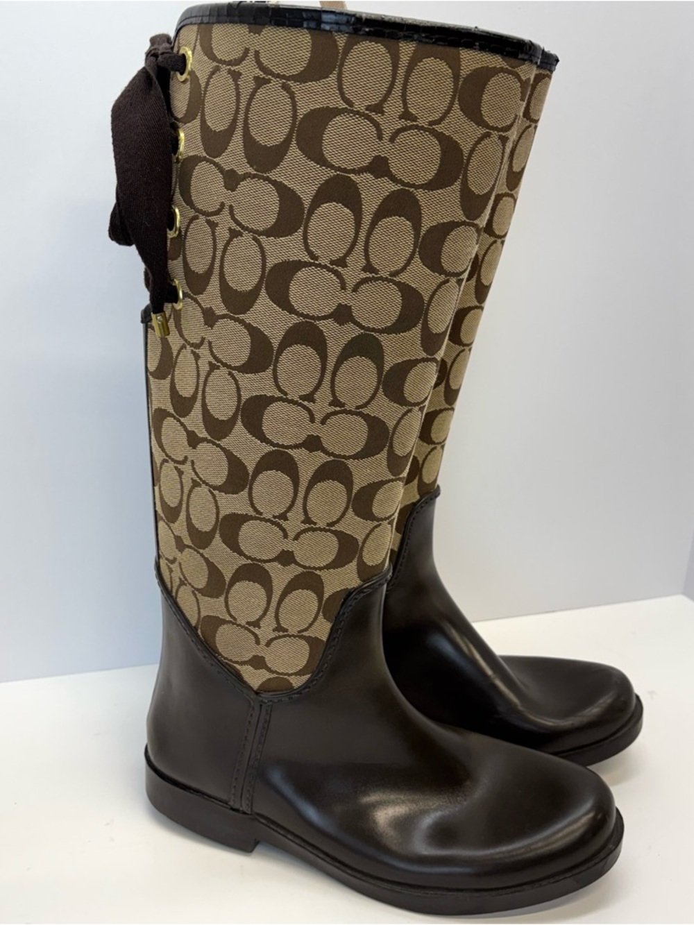Coach Tristee Tall Rain Boot Brown Signature Jacquard Equestrian Corset Lace 8 B - Picture 4 of 11